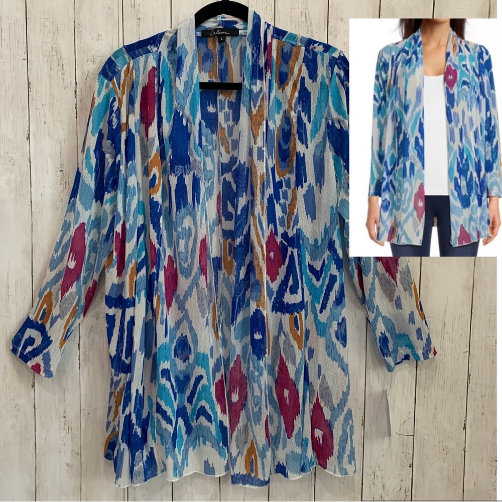 CALESSA Open Front Knit Sweater Large Women’s   Lightweight Abstract Print NWT